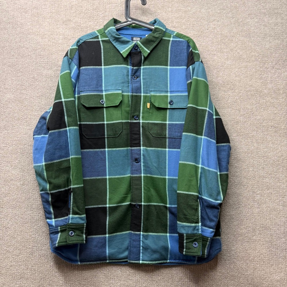 Levis Gold Tab Fleece Lined Flannel Shirt Jacket Green Blue Plaid Small